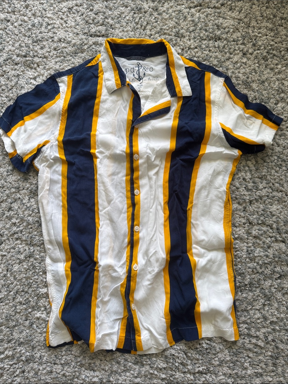 Casual Short-Sleeve Button-Down Shirt - Navy, White & Yellow Stripe